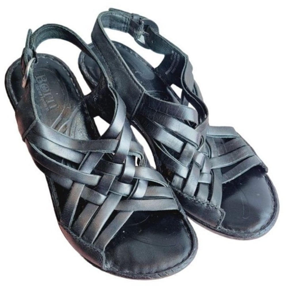 Born Women Black Leather Strappy Woven Wedge Sandals Slingback 6 Summer Vacation